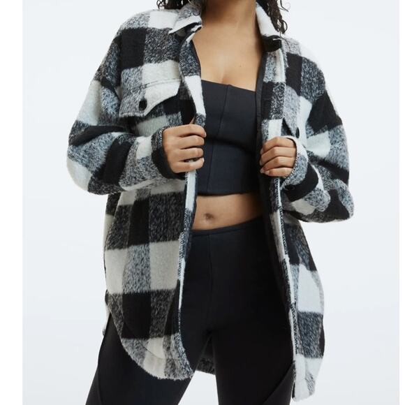 NWT Good American Plaid Shacket Black Ivory Buffalo Plaid Oversized XS S - Picture 1 of 7